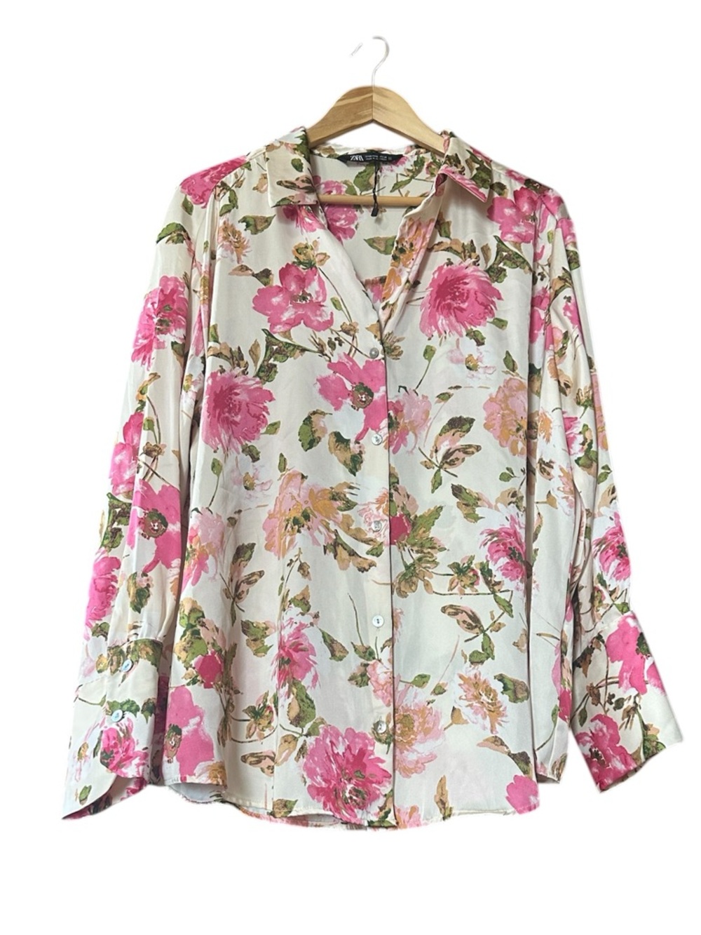 Zara Satin Effect Floral Button-Down Blouse Shirt Cream Pink Green  Sz XXL NWOT - Picture 4 of 10